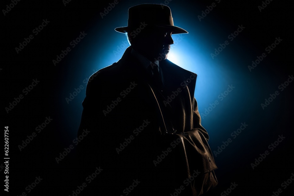 A silhouette of a fedora-wearing mafia hitman, holding a briefcase, as he walks into the shadows, symbolizing danger and clandestine dealings. Generative AI - obrazy, fototapety, plakaty 