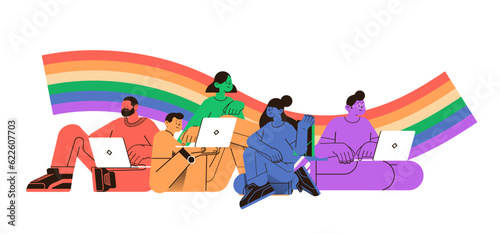 colorful people with lgbt rainbow flag using laptops gay lesbian love parade pride festival transgender love concept