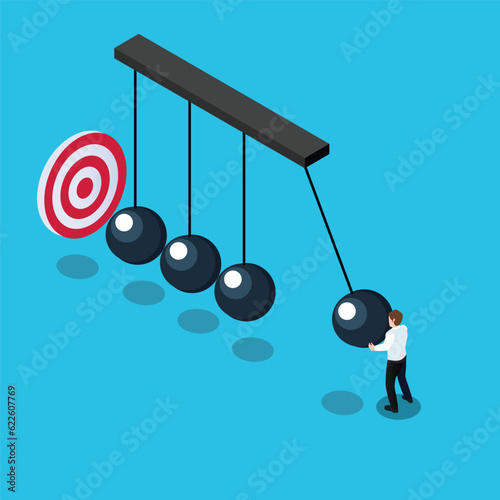 Businessman with balancing balls newtons cradle and business target 3d vector illustration concept for banner, website, illustration, landing page, flyer, etc
