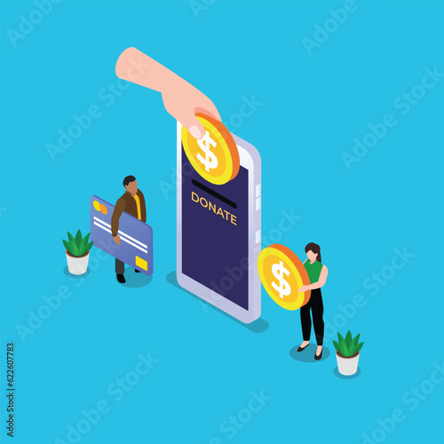 People donating money for charity online isometric 3d vector illustration concept for banner, website, illustration, landing page, flyer, etc