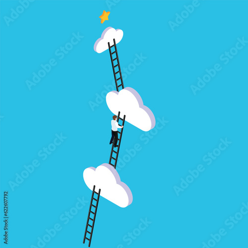 Successful businessmen climbing the corporate ladder to reach star isometric 3d vector illustration concept for banner, website, illustration, landing page, flyer, etc