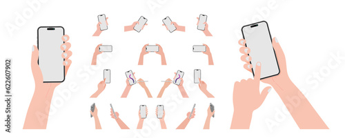 A hand is holding a smart phone both horizontally and vertically, with a blank screen displayed. The cell phone is being operated using a finger to touch the blank white screen display, Vector.