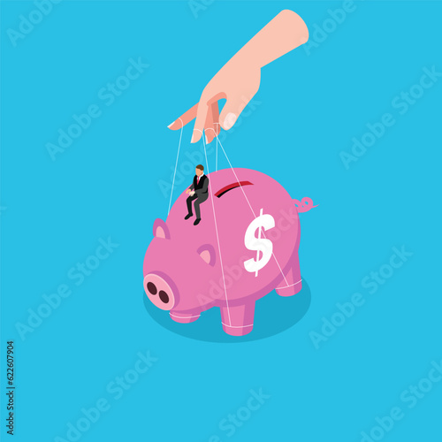 Piggy bank being controlled by puppeteer-Money control isometric 3d vector illustration concept for banner, website, illustration, landing page, flyer, etc