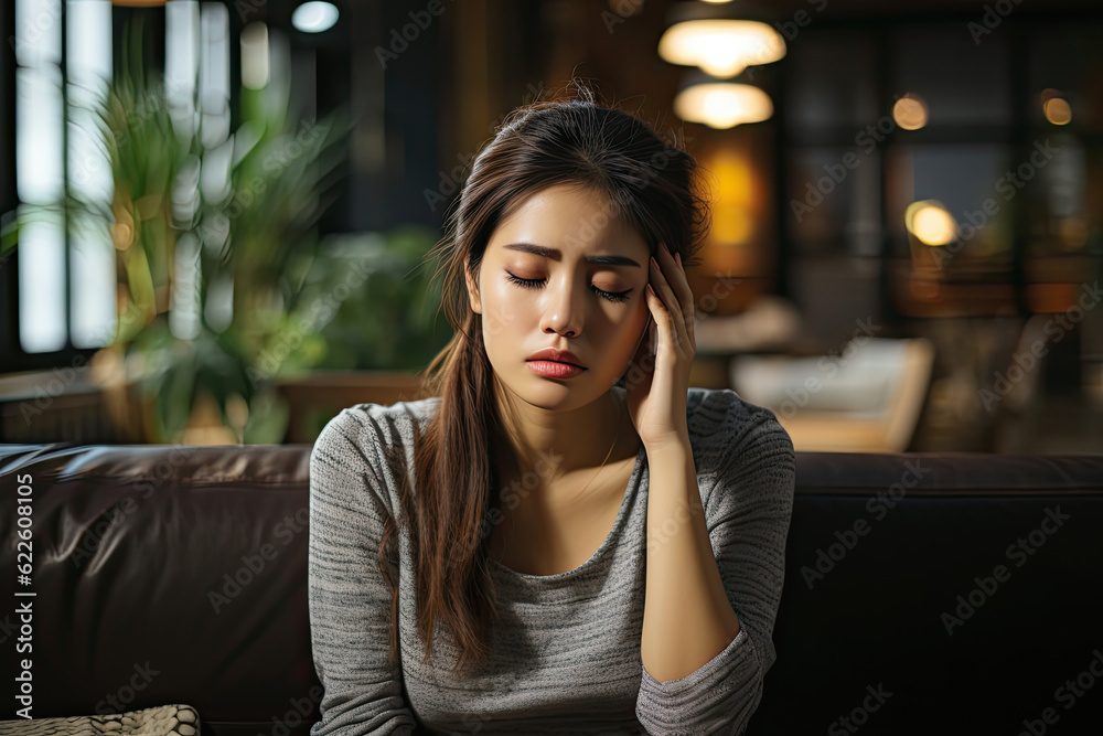 Beautiful Asian woman wearing white T-shirt feeling stress and headache on sofa. She used her hand to touch her face. Office syndrome concept.