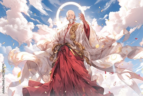 his holiness the Dalai Lama, anime version with clouds in background, illustrati Fototapet