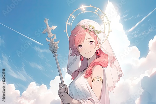 saint Lucy, anime version with clouds in background, illustration, generative ai