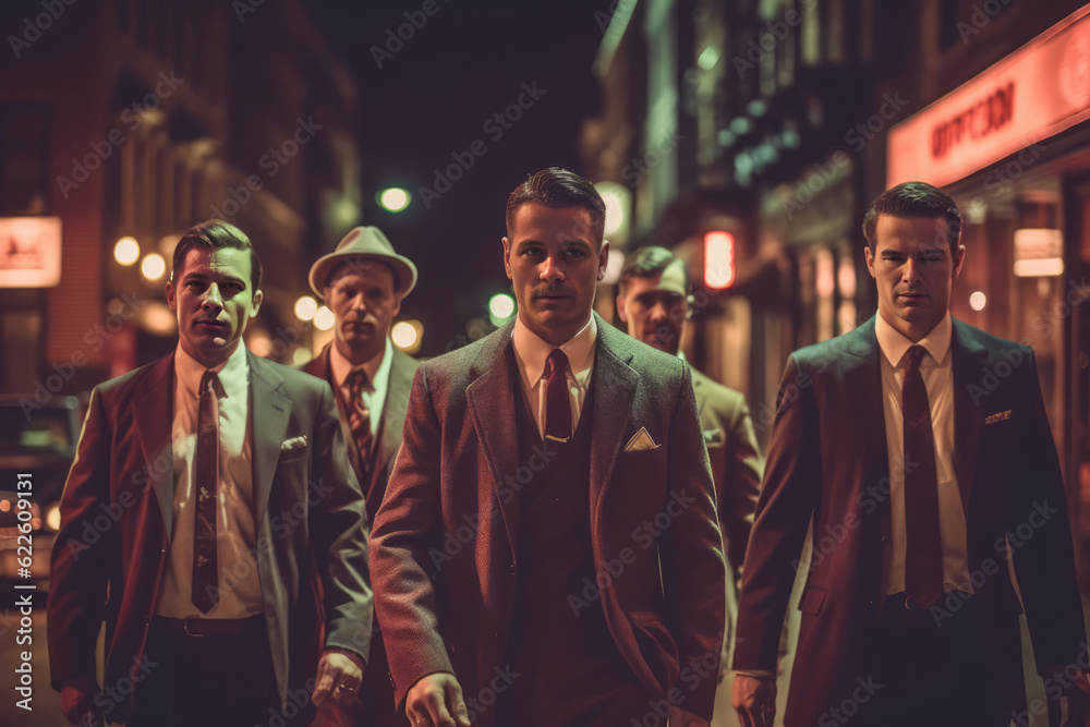 A group of sharp-dressed mobsters walking down a city street at night, casting dramatic shadows as they assert their dominance. Generative AI