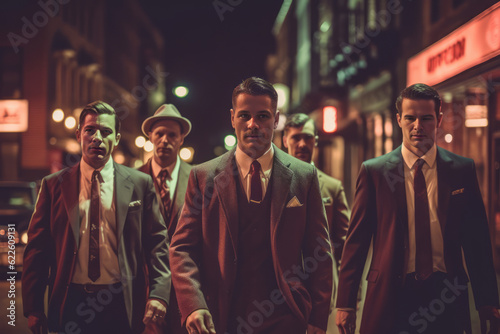A group of sharp-dressed mobsters walking down a city street at night, casting dramatic shadows as they assert their dominance. Generative AI