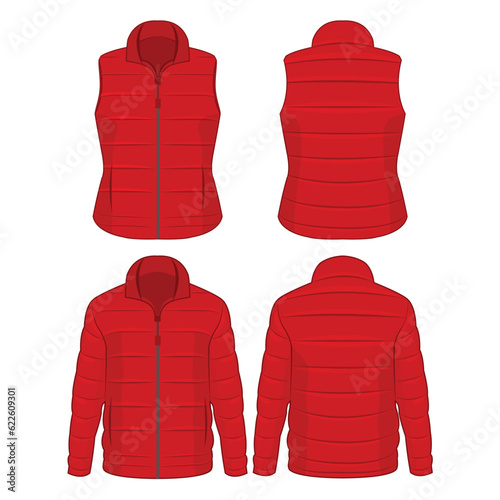 Red color winter down zipped jacket and vest set isolated vector on the white background