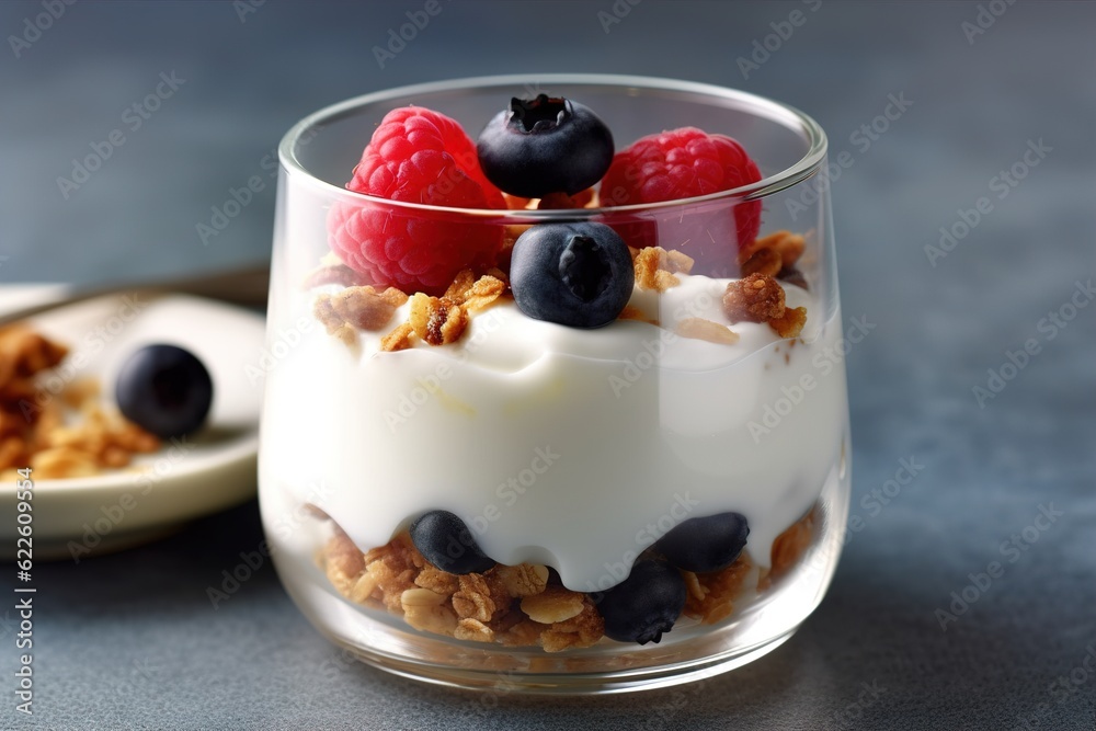 Breakfast parfait made from Greek yogurt and granola topped with fresh berries Generative AI Breakfast parfait made from Greek yogurt and granola topped with fresh berries Generative AI