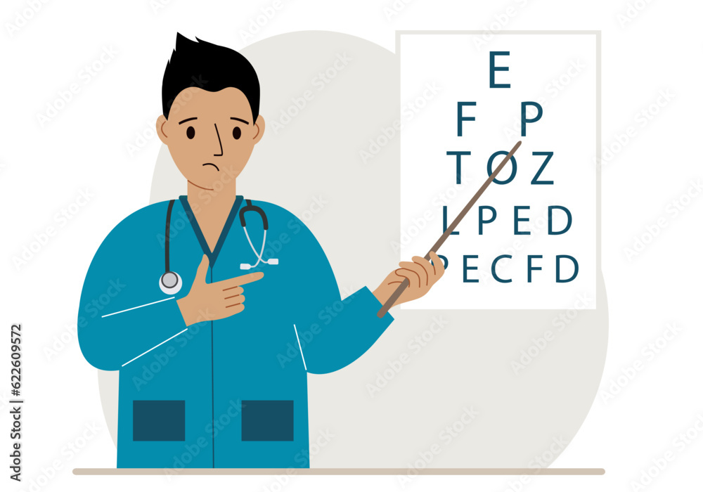 Ophthalmologist near the vision test table. Diagnosis and eye examination. Optometrist checks eyesight and chooses glasses. Ophthalmologist near the vision test table. Diagnosis and eye examination. Optometrist checks eyesight and chooses glasses.