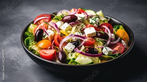 Greek salad with fresh vegetables, feta cheese and kalamata olives. Healthy food Generative AI