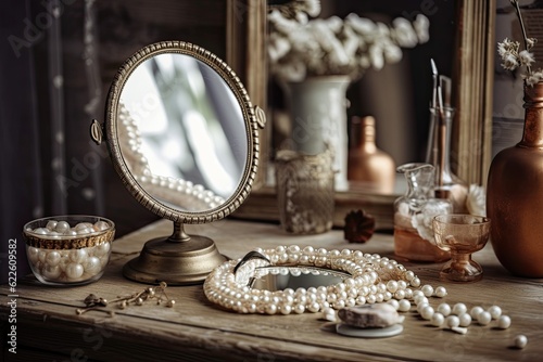 a wooden table with a white vintage mirror and pearls in the background. For mockups  a photo montage may be used. Generative AI