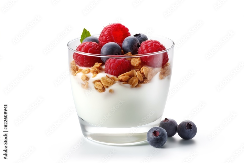 Breakfast parfait made from Greek yogurt and granola topped with fresh berries Generative AI Breakfast parfait made from Greek yogurt and granola topped with fresh berries Generative AI
