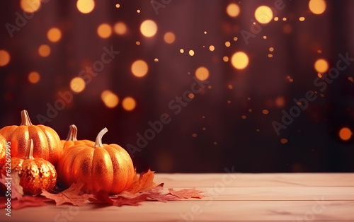 Thanksgiving day with pumpkins and maple leaves on dark bokeh lights background. Autumn composition with copy space. Wooden table. Halloween concept. Festive atmosphere.