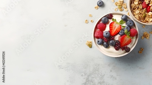 Breakfast parfait made from Greek yogurt and granola topped with fresh berries, top view Generative AI