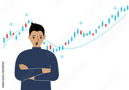A man on the background of a Forex chart. Conceptual illustration on the topic of strategic planning in trading on the stock exchange.