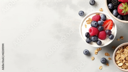 Breakfast parfait made from Greek yogurt and granola topped with fresh berries, top view Generative AI photo