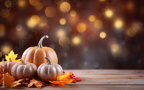 Thanksgiving day with pumpkins and maple leaves on dark bokeh lights background. Autumn composition with copy space. Wooden table. Halloween concept. Festive atmosphere.