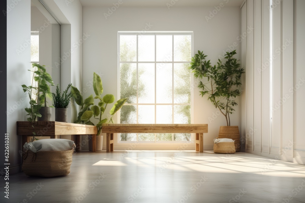 a room with a white wall and plants on the floor,. Generative AI a room with a white wall and plants on the floor,. Generative AI