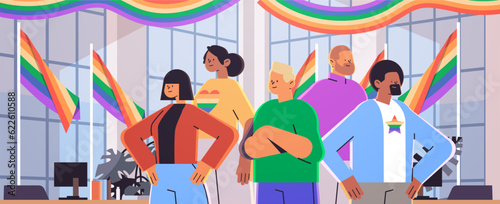 mix race businesspeople with lgbt rainbow flags gay lesbian love parade pride festival transgender love concept modern office interior