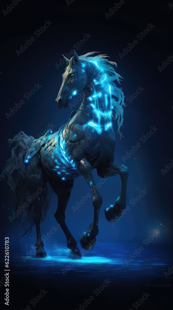 A blue light glow horse in the dark background. A blue light glow horse in the dark background.