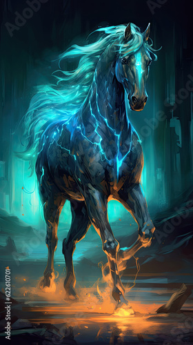 A blue light glow horse in the dark background.