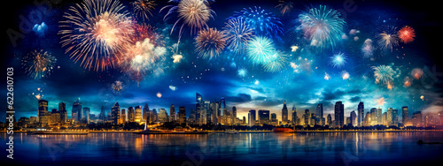 bright colorful fireworks over the city, creative banner made with Generative AI