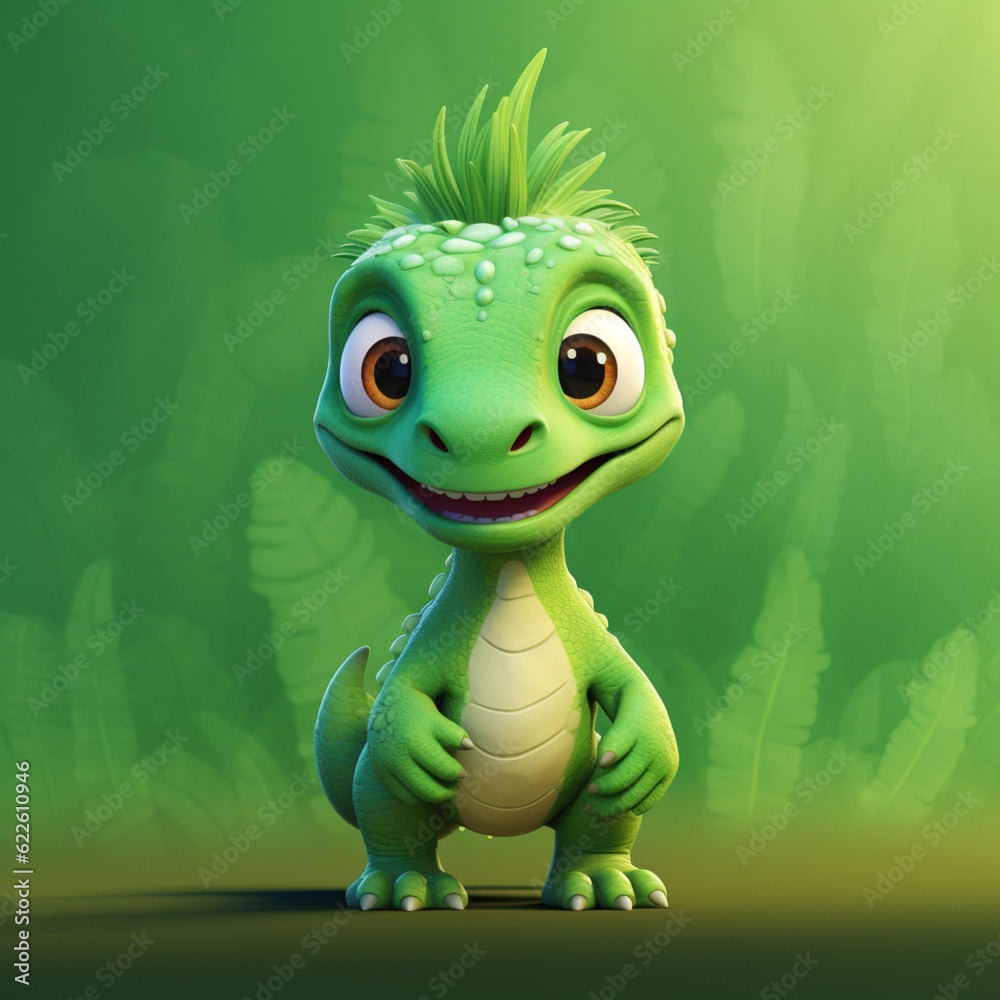 Fototapeta premium Baby dinosaur on a green background. Generative AI.