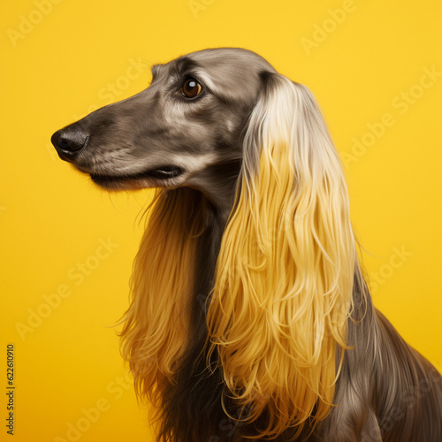 Portrait of an afghan hound dog on a yellow background. Generative AI.