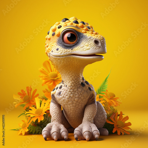 Baby dinosaur on a yellow background. Generative AI.