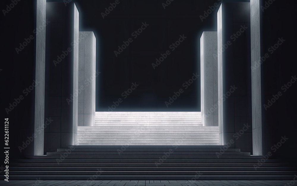 Corridor with columns in the dark.