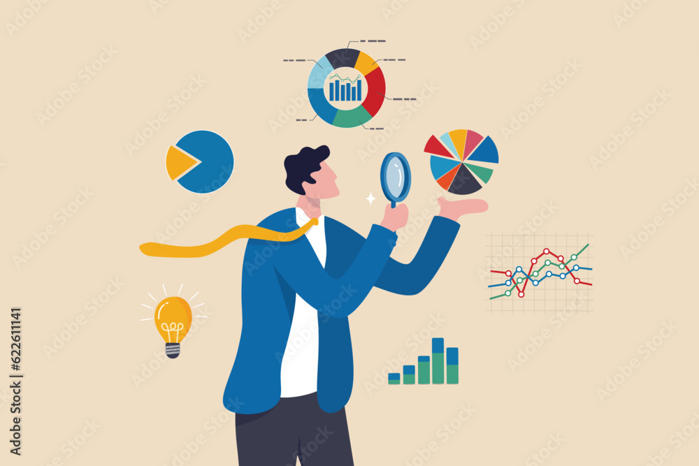 Data analysis chart and report, financial research or analyze information for marketing insight, analytics or optimization diagram, smart information, businessman analyze data with magnifying glass. - obrazy, fototapety, plakaty 