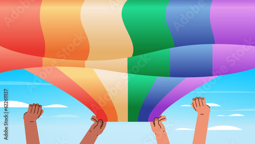 raised up hands holding lgbt rainbow flag gay lesbian love parade pride festival transgender love concept