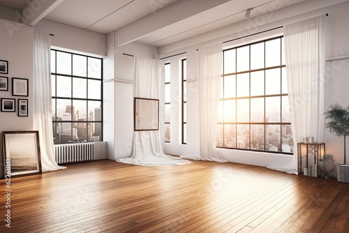 A white loft interior room with a brown hardwood floor  windows  and drapes has a blank frame in the center. a mockup. Generative AI