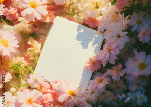 Empty blank notepad mockup on a bed of flowers.  Greeting card for Wedding, Womans Day or Mothers Day