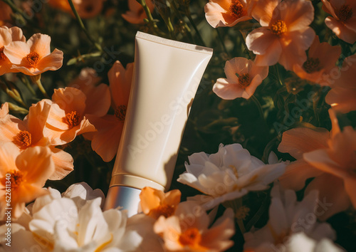 Blank tube with cap of hand cream or lotion, facial cleanser and liquid skincare moisturizer tube pack on bed of flowers. Concept of natural and organic skincare product presentation 