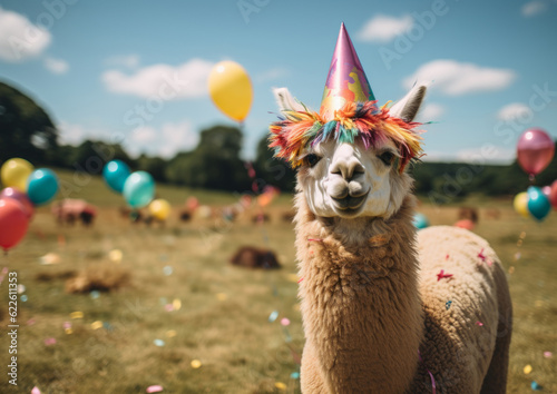 Alpaca wearing birthday party cone hat in a field full of festive balloons