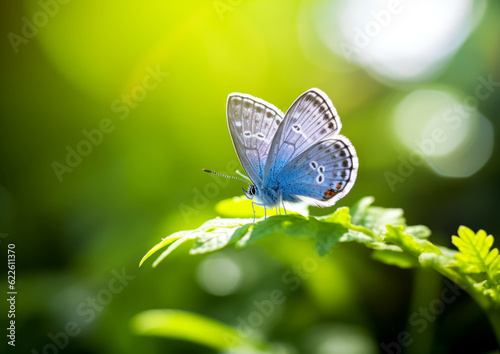 Macro shot of Western Pygmy Blue Butterfly sitting on a leaf in a garden