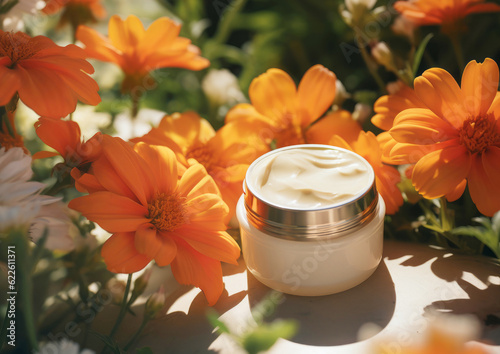 Blank cosmetic moisturizer cream jar on a bed of  orange flowers. Concept of natural and organic skincare product presentation
