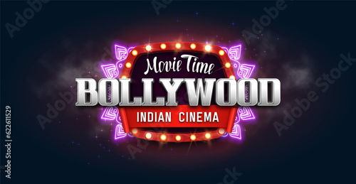 Bollywood indian cinema. Movie banner or poster with retro billboard. Vector illustration.