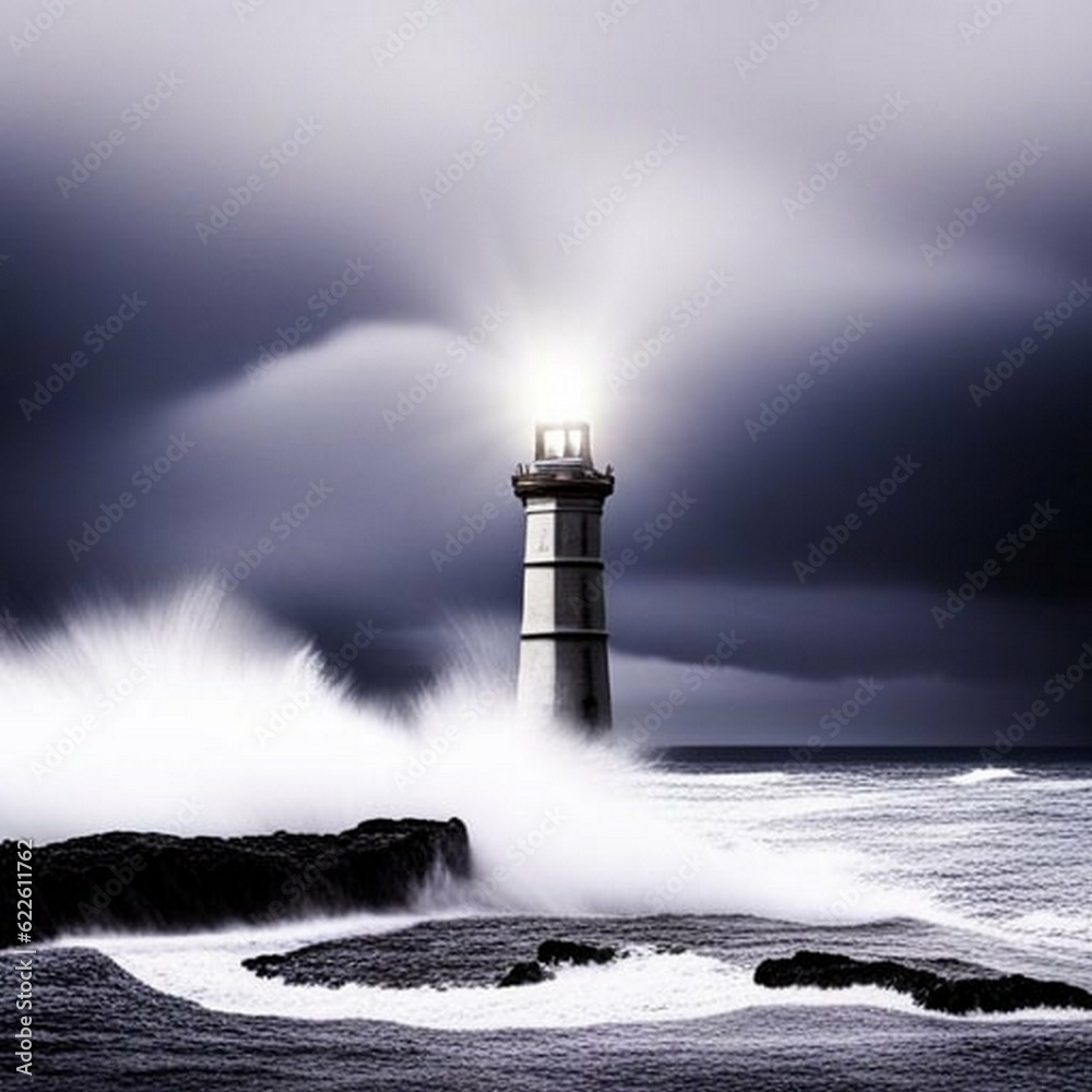 lonely lighthouse on a rocky coast during a storm, with waves crashing and lighting flashing, moody, atmospheric, seascape, high detail, ai generated