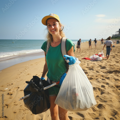 Volunteer collecting trash from the beach. Generative AI.