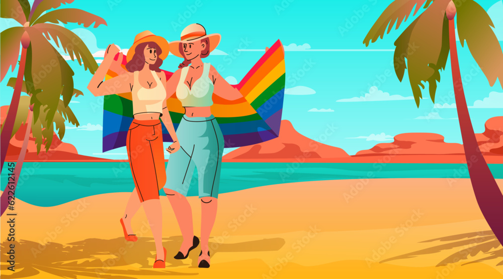 girls couple with lgbt rainbow flag standing together on tropical beach gay lesbian love parade pride festival transgender love