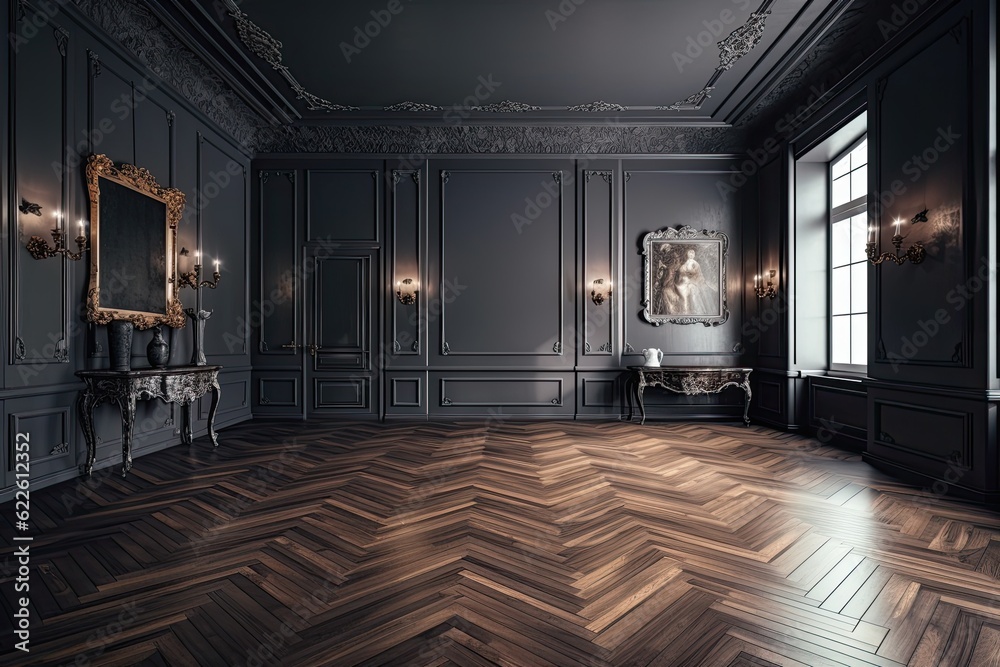Fototapeta premium A traditional, opulent, vacant room with a parquet floor and a wall decorated with stucco panels, molding, and frames. Large, open studio with furniture and a mock up for advertising products