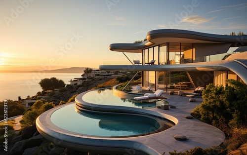 Sunset over the modern resort with the swimming pool.