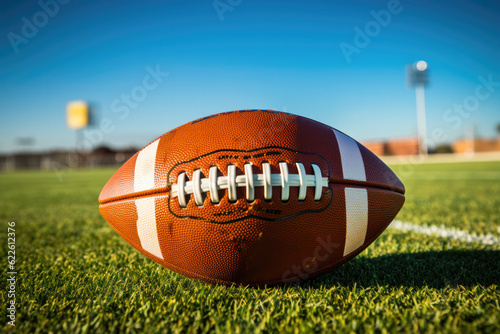 An American Football ball on a field
