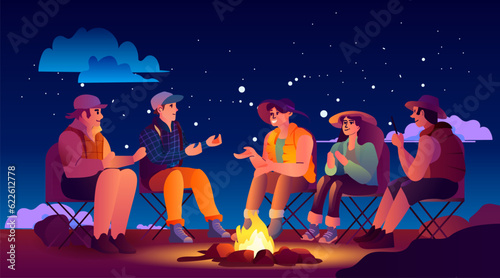 people near tent camping area with campfire night campsite summer camp travel vacation concept