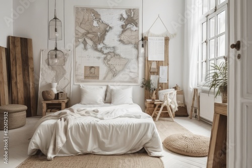 actual snapshot of a vertical white bedroom interior with natural materials and a map on the wall. Generative AI photo