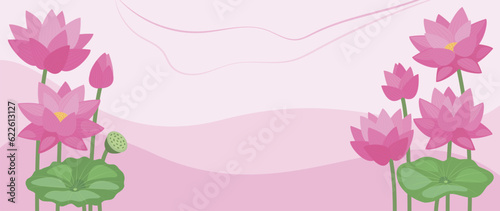 Tropical abstract background of hand drawn lotus flowers and leaves. Vector botanical illustration for banner, poster, Web and packaging.  